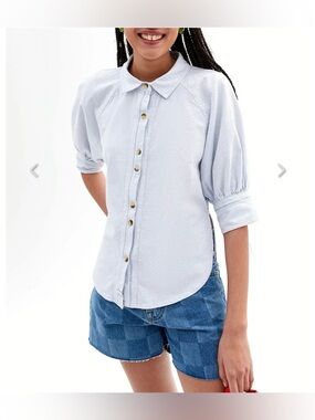 We the Free People Ellie Blouse Top Blue White Stripe Cotton Puff Sleeve S